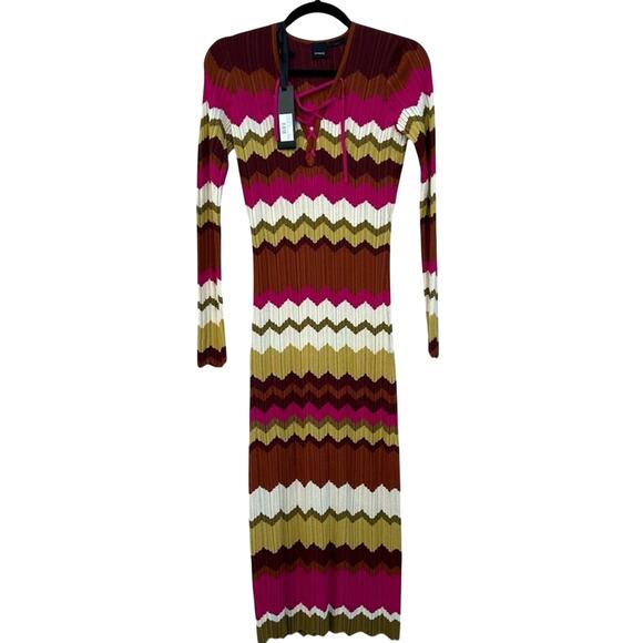 NWT Pinko Chevron Zig Zag Strip Midi Dress Pink Size Small - Picture 1 of 7
